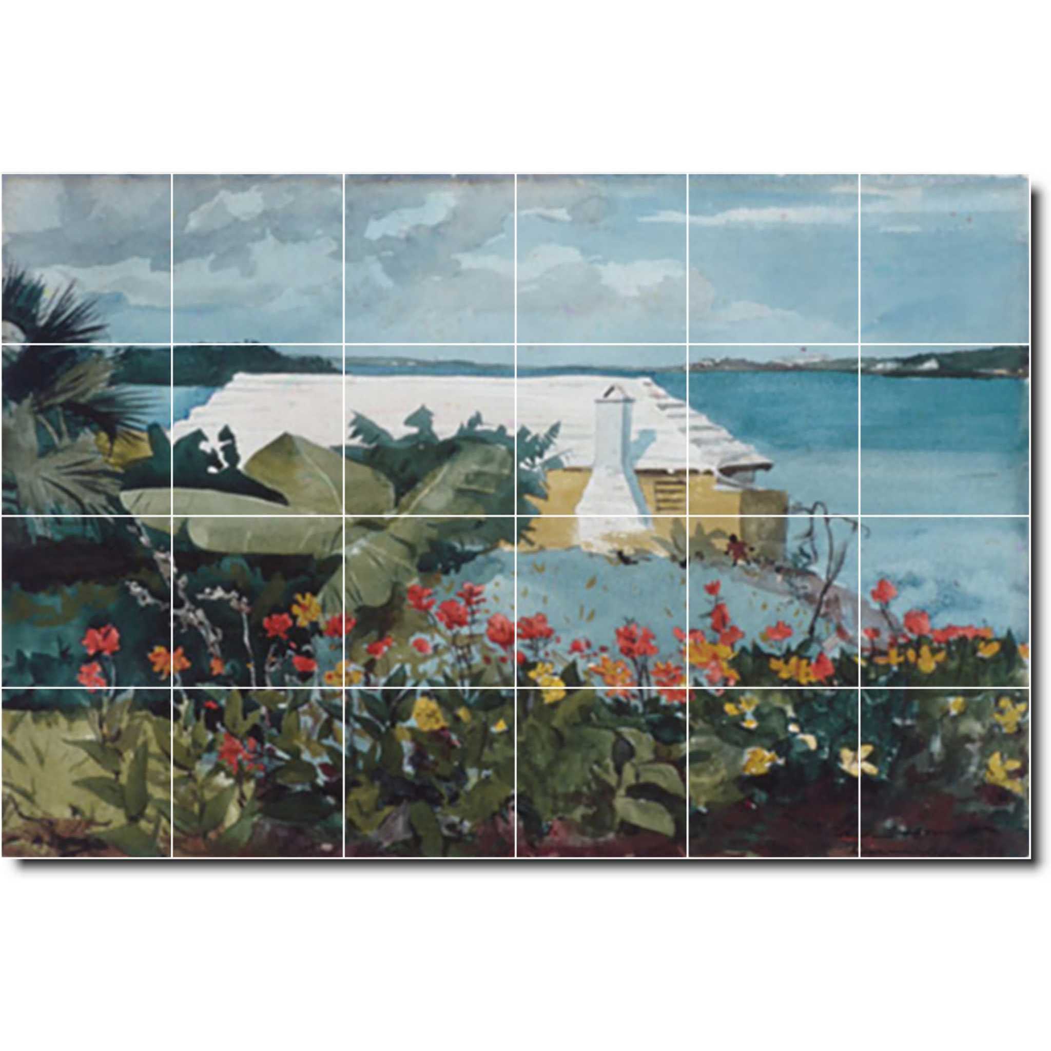 Winslow Homer Garden Painting Ceramic Tile Mural P04390-XL. 72"W x 48"H (24) 12x12 tiles