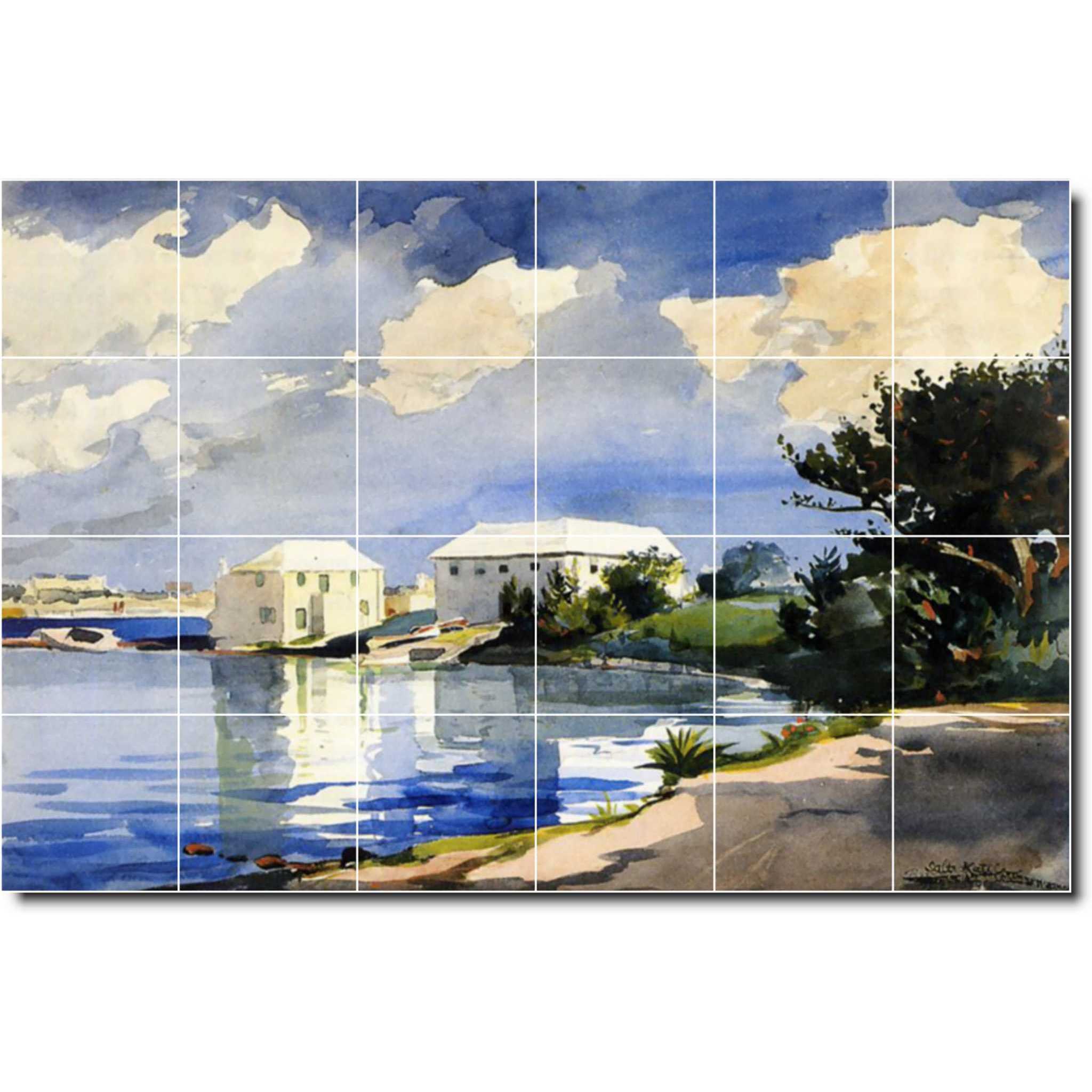Winslow Homer Waterfront Painting Ceramic Tile Mural P04459-XL. 72"W x 48"H (24) 12x12 tiles
