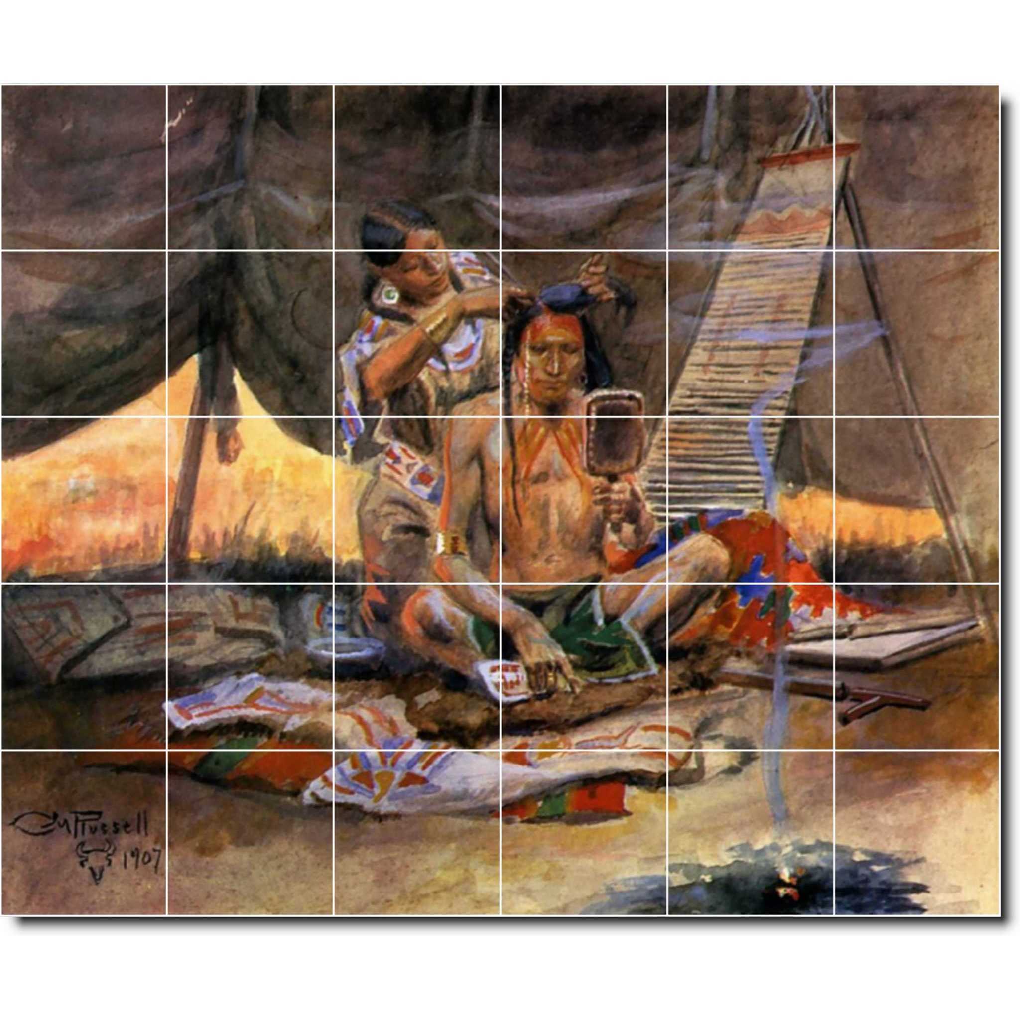 charles russell native american painting ceramic tile mural p07754