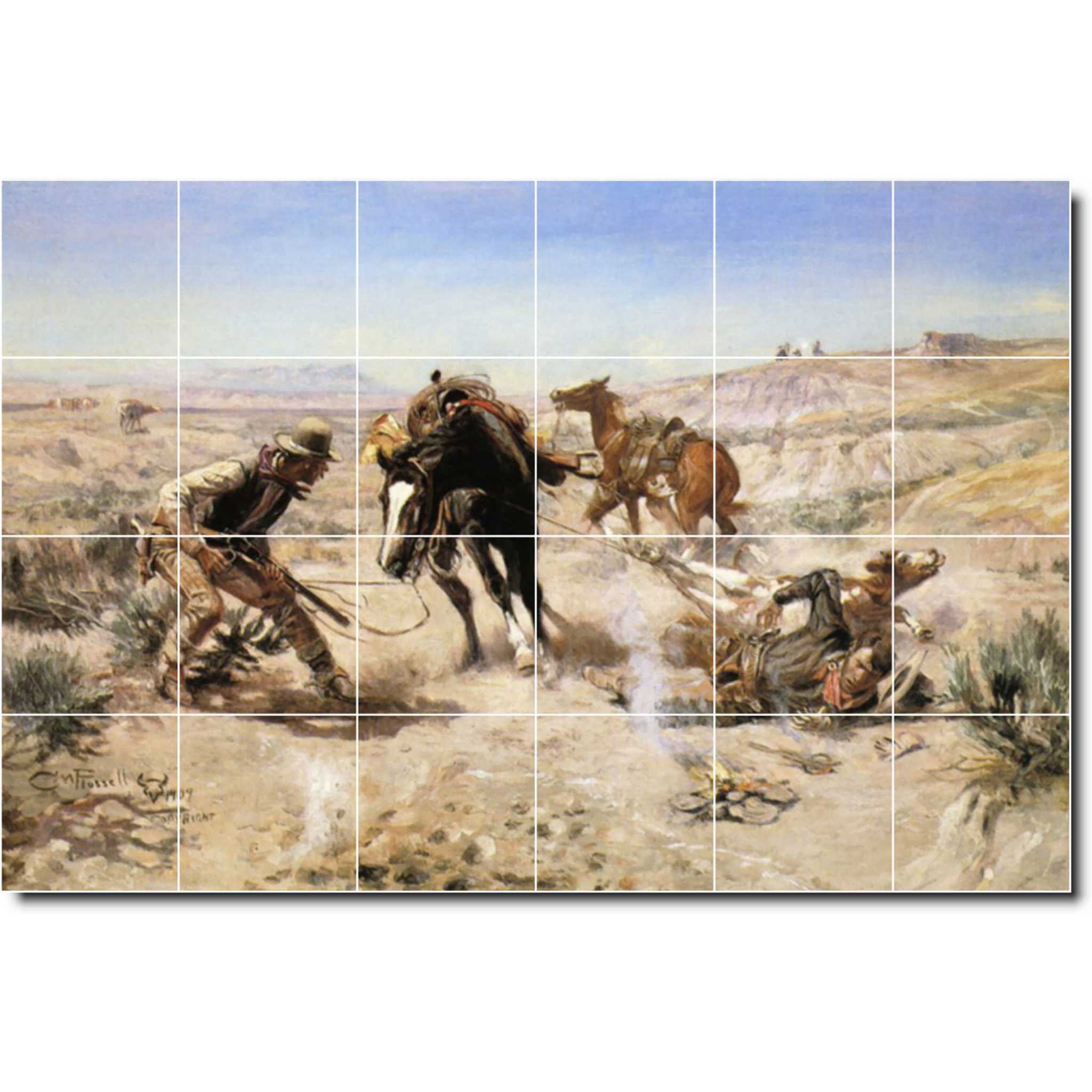 charles russell western painting ceramic tile mural p07791